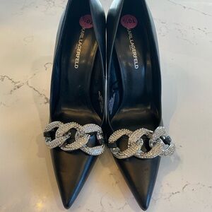 Karl Lagerfeld Black Heels with Silver Chain Detail